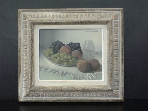 Oil on board, fruit in a bowl with placemat under