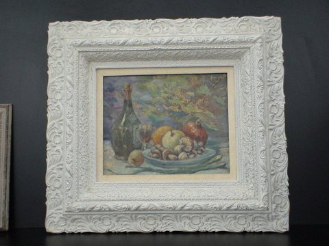Oil on board, fruit basket with wine bottle