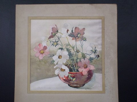 Matted watercolor still life of flowers