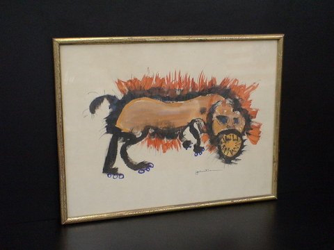 Watercolor of a beast, illegibly signed by
