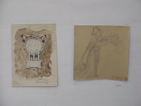 Two drawings, bust of man in medallion or statue