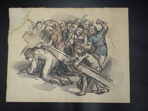 Christ carrying the cross with officers around