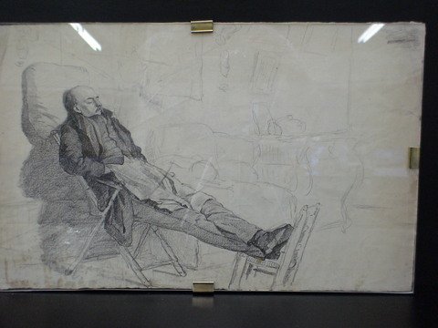 Charcoal drawing of a man reclining on two chairs
