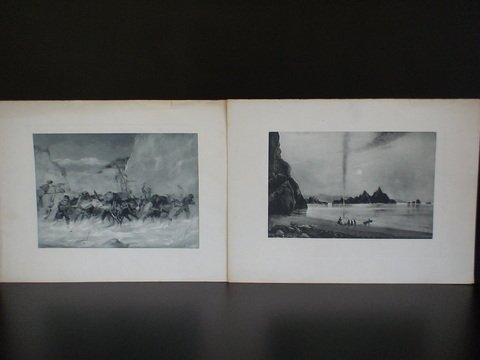 Lot of 18 prints: "Tourists Among the Passes - Mt: Lot of 18 prints: "Tourists Among the Passes - Mt. Lyell Glacier in the Distance", from drawing by A.J. Keller, print of Indians around campfire on the beach, by J. Davidson, waterfall scene by Julian