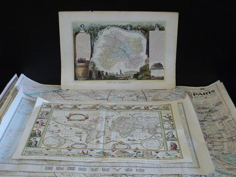 Set of 6 tourist maps: 1) Asian map, 2) Saint-Ger: Set of 6 tourist maps: 1) Asian map, 2) Saint-Germain Des Pres Paris, Artga 1989, 3) World Map (true size) from Johan Blaeu's Le Grand Atlas, reprinted in facsimile three centuries after its original 