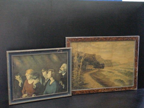 Set of 2: Framed painting by Imre Goth (1892-1982: Set of 2: Framed painting by Imre Goth (1892-1982), painter and inventor born in Szeged, Hungary, painting dated 1910, people seated, 16x20. 2) unsigned framed painting of a beautiful house by the sea