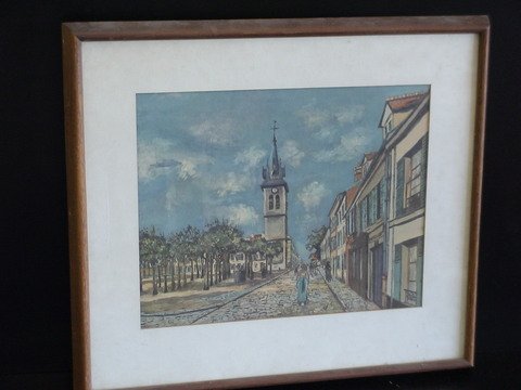 Framed, matted print by Maurice Utrillo (1883-195: Framed, matted print by Maurice Utrillo (1883-1955), examined out of the frame, print has been glued to the matting, 11x14.