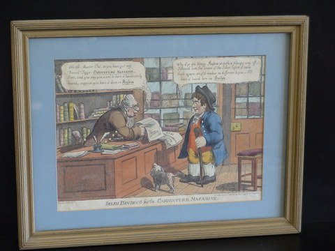 Matted, framed cartoon "Irish Binding for the Car: Matted, framed cartoon "Irish Binding for the Caricature Magazine", Woodward, del, London, April 15, 1808, published by Thomas Tegg, No. 111 Cheapside, 14x18.
