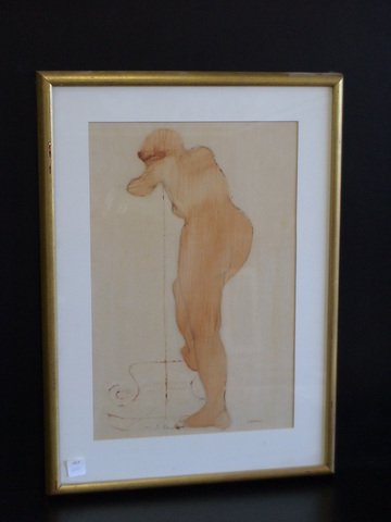 Framed, matted profile drawing of nude woman, sig: Framed, matted profile drawing of nude woman, signed Clarence in lower right corner, 16x22.