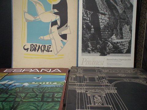 Lot of 4 posters: 1) Mounted on a heavy board for: Lot of 4 posters: 1) Mounted on a heavy board for hanging Piranesi Arts Council of Great Britain, Hayward Gallery, 27 April - 11 June 1978, 2) poster of two doves, G. Braque 3) Espana, Picasso, Los Pi
