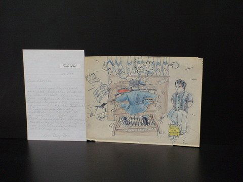 Clever detailed caricature drawing done by Dan To: Clever detailed caricature drawing done by Dan Torrant, a man is standing against the wall listening to a man on the piano organ pounding on the keys with enthusiasm, sign nearby says "Now Playing 'Th