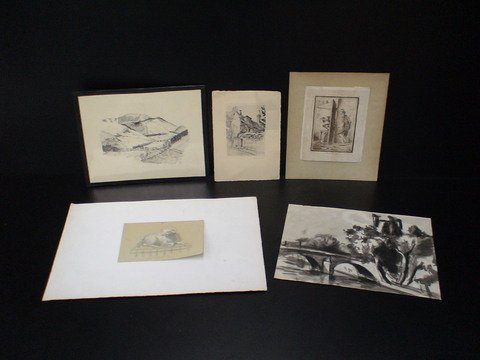 Lot of 5 Art Pieces - ORIGINAL Watercolor, Pen & : Lot of 5 Art Pieces - ORIGINAL Watercolor, Pen & Ink depicting Bridge Waterway, & Tress; ORIGINAL Pen & Ink of Mountain Landscape measring 7 3/4" x 9 3/4"; Block Print titled "MORET LA MAISON DU PEINT