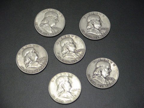 Lot of 6 coins: Ben Franklin Half Dollars: 1954, : Lot of 6 coins: Ben Franklin Half Dollars: 1954, 1957, 2) 1959, 1962, and 1963.