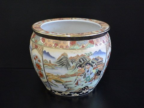 Gorgeous Hand Painted Asian Cache Pot/Planter: Large, gorgeous hand painted Asian cache pot/planter by Satsuma, 9" diameter, 13" high, gold trim and elaborately painted. Inside painted with fish and cacti, outside has an Asian scene.