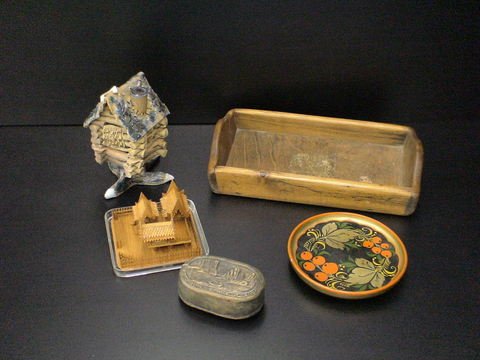 Wooden Craved Box W/Lid & House Made Of Wood: Lot of 5: Small handmade wooden tray, 11x7x2", small round lacquered tray painted orange, gold, green and black design, 5 1/2" diameter, intricate Asian house on a base built out of tiny cedar(?) piec