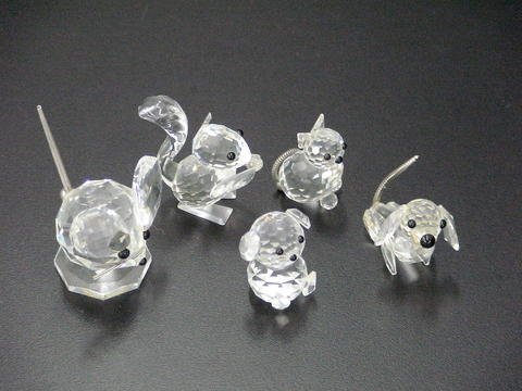 5 SWAROVSKI Minature Cut Crystal Glass Figurines: Lot of 5 SWAROVSKI small cut crystal glass figurines: two mice, a squirrel and two dogs.