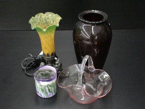 Lot of Glassware 4 Pieces: Ruby Red Depression er: Lot of Glassware 4 Pieces: Ruby Red Depression era vase, Pink blown glass Basket with etched signature on bottom "R. Foster, 7/88", purple and green swirled votive shaped glass, Tiffany style metal la