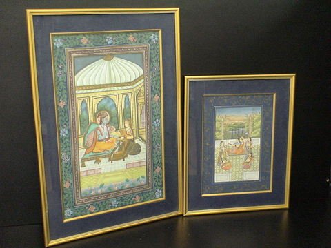 2 Matted, Framed Paintings: Rama and Sita : Lot of 2 matted, framed paintings: Rama and Sita in a courtyard, 18x27, and a young couple on a square swing with four servants nearby,Miniature Mughal painting 15x18.