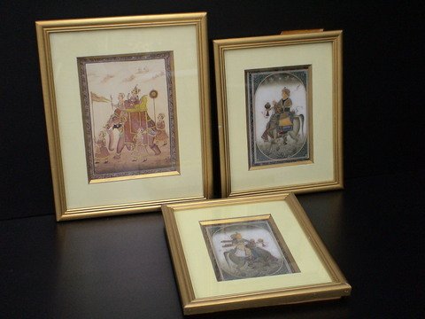 3 matted, framed paintings: Miniature Mughals: Lot of 3 matted, framed paintings: Miniature Mughal painting on silk and one on marble, believed to be Persian, fine detailing, real gold work on larger work, Mughal painting is a particular style of 