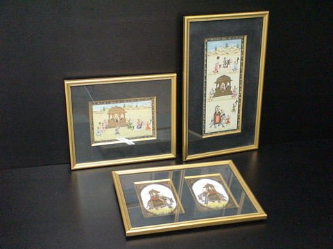 3 Matted Framed Paintings: Miniature Moghuls: Lot of 3 matted framed paintings: Miniature Moghul paintings on silk and one on marble, believed to be Persian, fine detailing, Mughal painting is a particular style of South Asian painting, generally