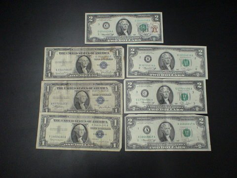 3 silver certificates & (4)2-Dollar Bills: 3 silver certificates & (4)2-Dollar Bills