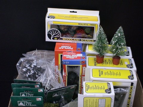 Large box of various trees: two boxes of small su: Large box of various trees: two boxes of small summer shade trees, item No. 1910, hand made for realism, 1 box Poplar Trees, item No. 1925, 5 boxes Woodland Scenics realistic trees, TR-1006 3-4", TR10