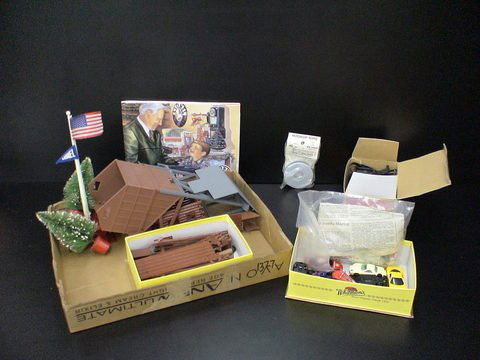 Lot of miscellaneous train accessories: Lionel Cl: Lot of miscellaneous train accessories: Lionel Classic Trains catalog, volume 2, 2000, miniature toy cars, fencing, hookup wire 45', 20AWG solid, tower, log cabin, 2 bottlebrush trees, Lionel flag pol