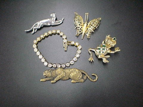 5 Costume Jewelry Pins/Broaches: one Monet Butter: 5 Costume Jewelry Pins/Broaches: one Monet Butterfly, one leopard pin, one mountain lion, one frog, and one rhinestone bracelet. Good condition and ready to wear!!