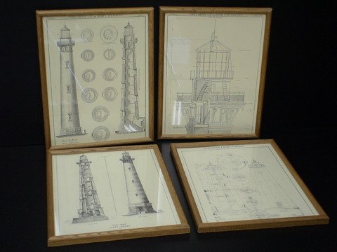 4 Prints - North Carolina LIGHTHOUSE ARCHITECTURE: 4 Prints of North Carolina LIGHTHOUSE ARCHITECTURAL DRAWINGS, framed - "First Order L.H. for Body's Island, N.C. ", 5th District, Plate 1, George Elliot, Major of Engineering - "First Order L.H. for C