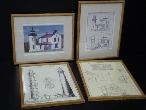4 Framed LIGHT HOUSE Prints: 4 LIGHT HOUSE Prints, framed - "First Order L.H. for Saint Augustine, Fla", 6th District, Plate 1, George Elliot - "{Details of Woodwork for Keeper's Dwelling at St. Augustine Light Station, Florida",