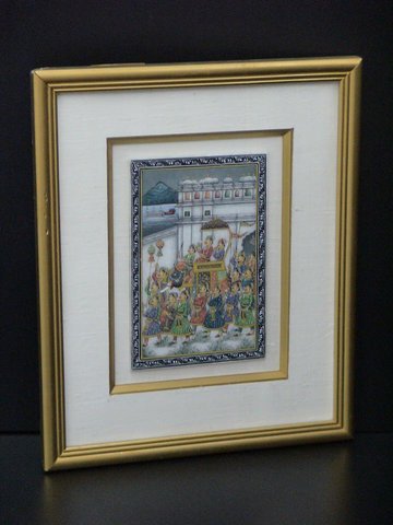 Framed MINIATURE MUGHAL Painting on Marble: Framed MINIATURE MUGHAL painting on marble, believed to be Persian, fine detailing - Mughal painting is a particular style of South Asian painting, generally confined to miniatures either as book illu