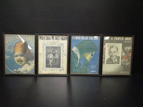 4 Framed Sheet Music: "Just a Prayer Away", etc.: Lot of 4 framed sheet music: "Just a Prayer Away" words by Charles Tobias, music by David Kapp, (sung by Bing Crosby), "It's Never Too Late to be Sorry", words by J.E. Dempsey, music by Jos. A. Burke,