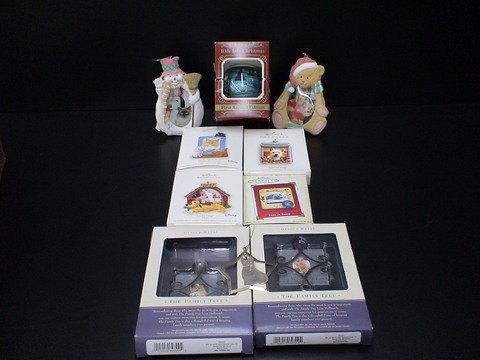 Christmas Ornaments: M.J. Hummel, Hallmark, etc: Lot of Christmas ornaments: M.J. Hummel Ride into Christmas first annual edition, 1983, a snowman photo ornament, a brass kitty ornament, a bear photo ornament, and the following Hallmark Keepsake: Sp