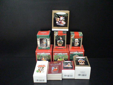 Holiday Hallmark Keepsake Ornaments: Box lot of holiday Hallmark keepsake ornaments except one which is ENESCO Garfield "Night-Watchcat", the rest are HALLMARK: On With the Snow, 1988, Parade of the Toys, Bells are ringing--Magic, Santa'