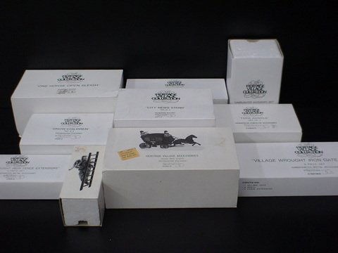 Dept. 56 Holiday Accessorie: Snow Children, etc: Lot of Dept. 56 accessories: Snow Children set of 3 (5938-2), One Horse Open Sleigh (5982-0), City News Stand set of 4 (5971-4), Violet Vendor/Carolers/Chestnut Vendor set of 3 (5580-8), Lamplighter A