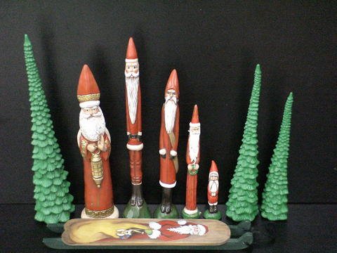 Christmas Pencil Santa & Tree Decorations: Christmas Santa decorations: five pencil Santas, graduated sizes from 4 to 11" high, three ceramic pencil trees 8-11" high, and an adorable small wooden sled, hand painted by Betty Bieber 1997.