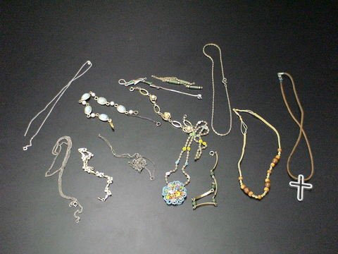 13 Necklaces & Bracelets - Sterling, Cross, Jade: Lot of 13 Necklaces & Bracelets - Rope Choker w/Wooden Beads, Roses w/Pearls, Sterling, Cross, Jade, Beaded, etc.