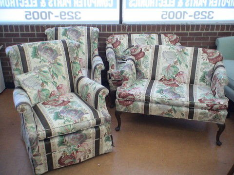 2 Queen Anne style settees and 2 Queen Anne style: 2 Queen Anne style settees and 2 Queen Anne style armchairs all with matching upholstery (LOCAL PICK-UP OR BUYER ARRANGES SHIPPING ONLY)