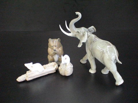 4 piece lot, bear & mouse each marked Denmark wit: 4 piece lot, bear & mouse each marked Denmark with blue waves (Royal Copenhagen), & standing elephant marked Goebel W Germany damage to tusk & tail, mouse on corncob marked Denmark with blue waves 512