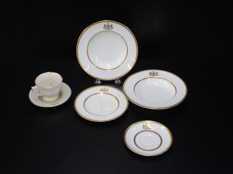 6 misc. pieces, 4 dishes , cup & saucer marked Mi: 6 misc. pieces, 4 dishes , cup & saucer marked Mintons china, embossed in gold with State Seal of Pennsylvania, damage to plates.