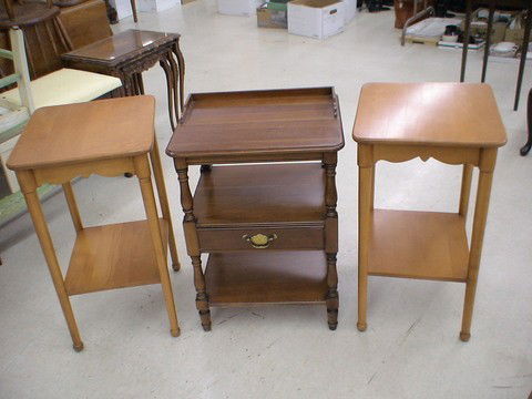 Lot of 3 end tables: One three shelf end table wi: Lot of 3 end tables: One three shelf end table with drawer and a pair of two shelf end tables. Manufactured Wanamaker, Philadelphia. (LOCAL PICK-UP OR BUYER ARRANGES SHIPPING ONLY)