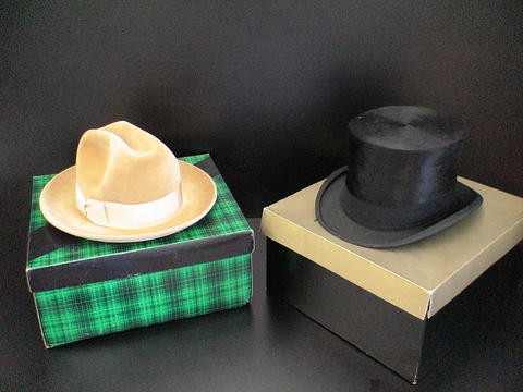 Lot of 2 mens' hats: Schoble Hat, 7 1/2", beaver : Lot of 2 mens' hats: Schoble Hat, 7 1/2", beaver fur and beige velvet, 7 1/2", imported by Ratcliff and Swartz, Anton Peschel Dinkelsbuhl, made in Western Germany, boxes included.