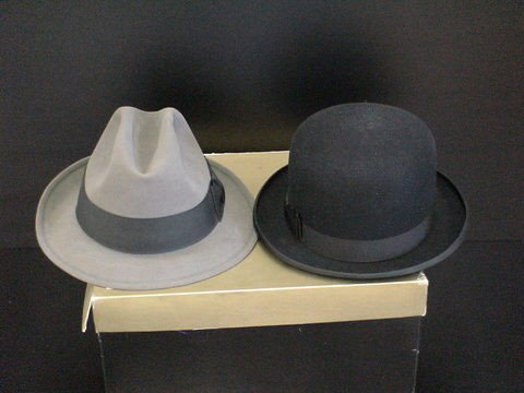Lot of two mens' hats: Dobbs Fifth Avenue New Yor: Lot of two mens' hats: Dobbs Fifth Avenue New York, leading hatters, 7 1/2", Stark Brothers, Harrisburg, Pennsylvania, black velvet derby, box included, and one gray suede hat from Ratcliff and Swartz