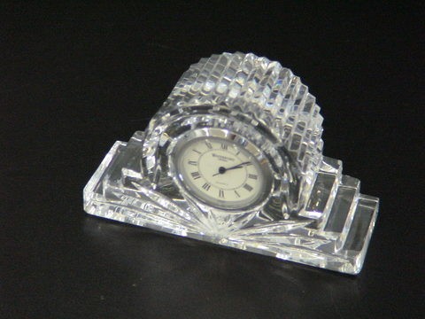 Small Waterford Crystal Quartz mantel clock, prod: Small Waterford Crystal Quartz mantel clock, produced in Ireland, 4" long by 3" high.