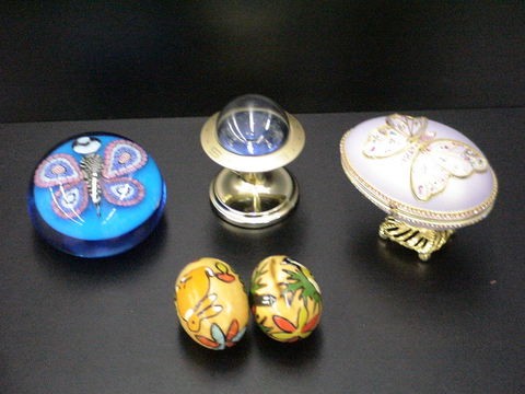 Egg shaped music box decorated with rhinestone wi: Egg shaped music box decorated with rhinestone wings on hinges to create a butterfly, butterfly paperweight, compass on base, 2 painted wooden eggs.