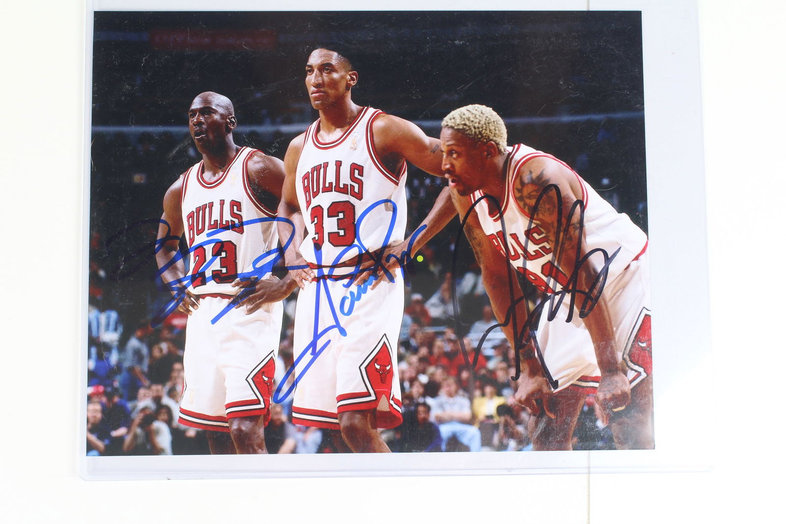 Triple Autographed Michael Jordan Scottie Pippen Dennis Rodman Photo (1 of 5)