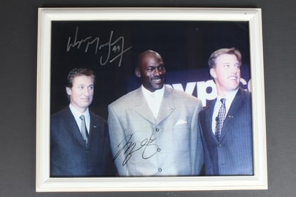Triple Autographed Michael Jordan Wayne Gretzky John Elway Photo