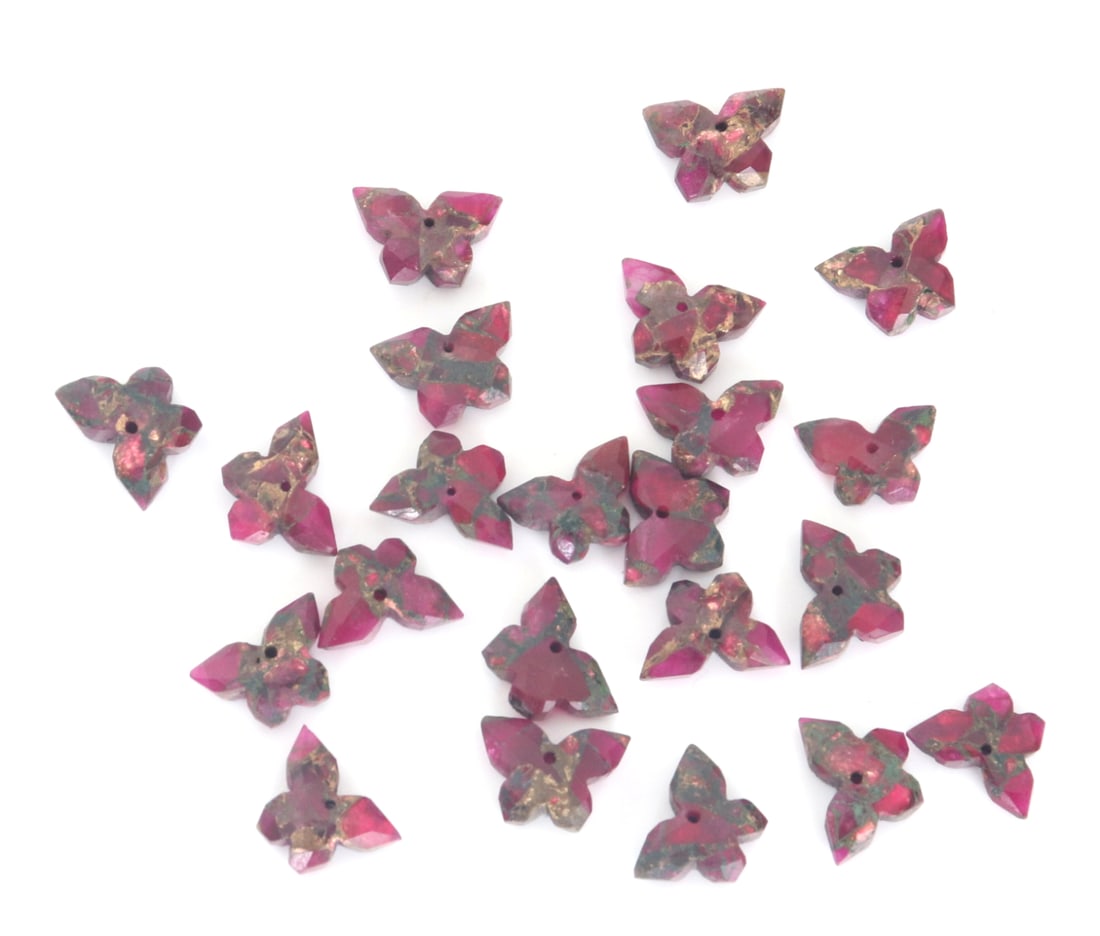 Lovely Group Lot of Raw Ruby Butterfly Beads: Beautiful group lot of 24 raw all natural ruby beads with gorgeous flakes of bright pink and gold. Each pierced and ready to be suspended for a bracelet or earrings. Beautiful group lot of 24 raw all