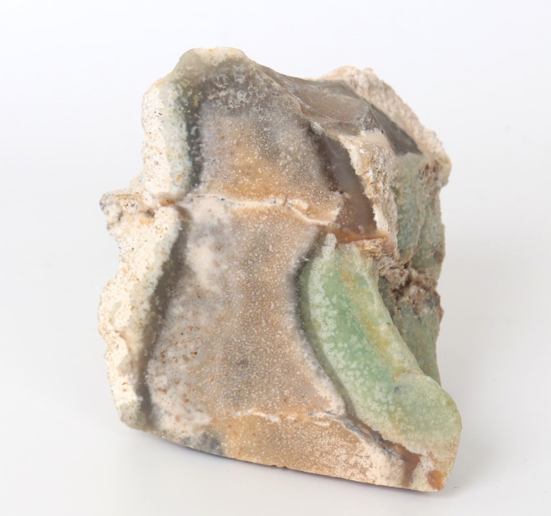 Unique Agate, Chalcedony & Fluorite Mineral Specimen: All natural raw mineral specimen including a lovely section of green chalcedony with moss agate that are pink, green and orange colored. Polished smooth sides with raw unpolished edges. All natural
