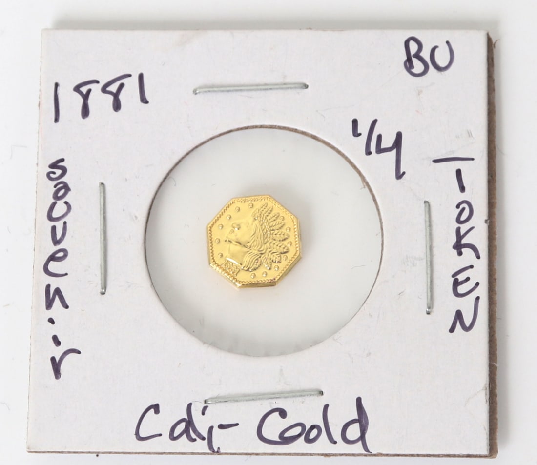 1881 California Gold 1/4 Souvenir Token: Indian head California 1/4 gold token marked 1881 with 1/4 Gold marked to the obverse. Size of case 2" H